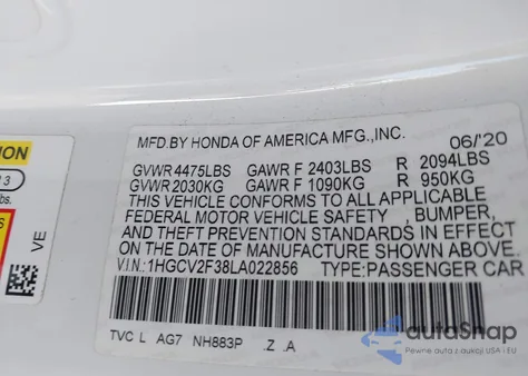 2020 Honda Accord Sport 2.0T z USA, uszkodzony, nr VIN 1HGCV2F38LA022856